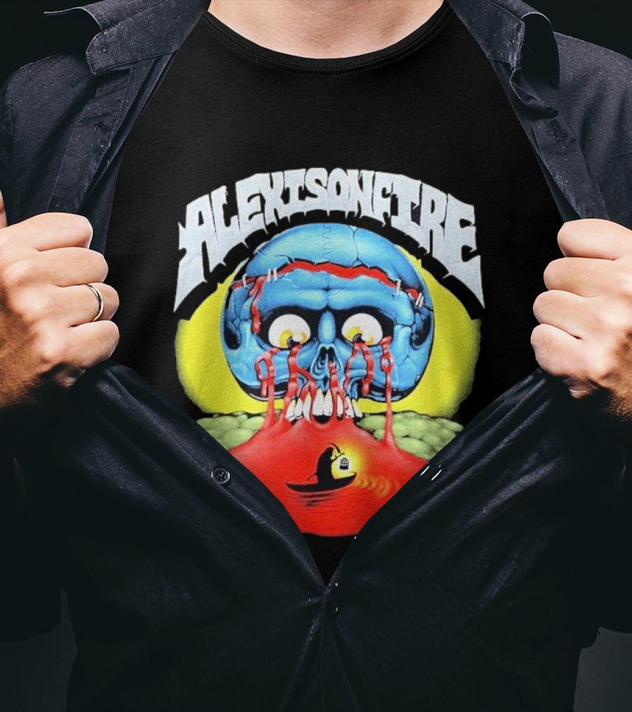 Alexisonfire Skull Island Creepy Blue Skull With Red Eyes And Boat T-Shirt