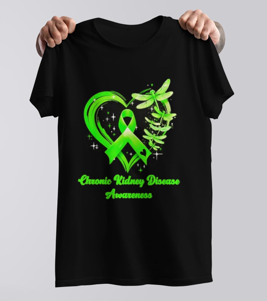 Chronic Kidney Disease Awareness Green Ribbon Heart And Dragonfly T-Shirt