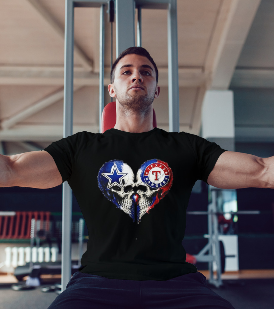 Dallas Cowboys Star And Texas Rangers Skull Heart T-Shirt