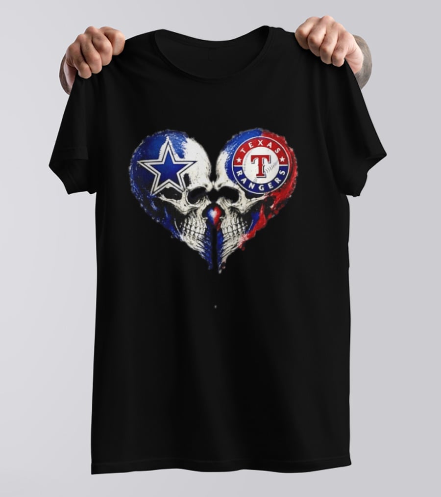 Dallas Cowboys Star And Texas Rangers Skull Heart T-Shirt