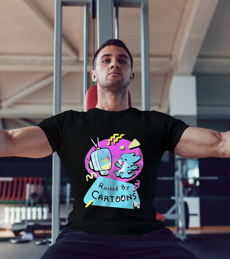 Raised By Cartoons Nostalgia 90s Kid Cartoon Lover Retro TV And Playful Puppy Scene T-Shirt