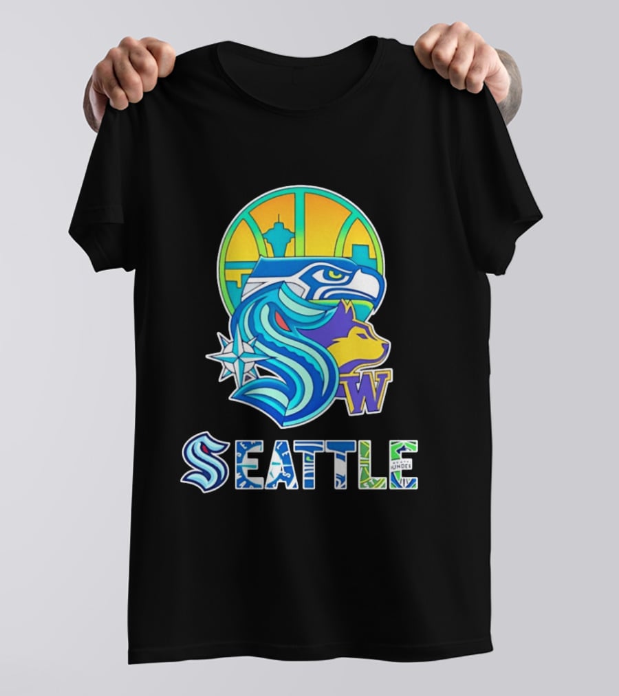 Seattle Seahawks Washington Huskies Skyline Collage With Space Needle And Compass Rose T-Shirt