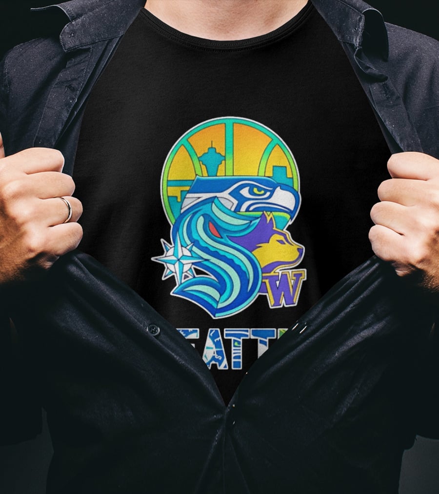 Seattle Seahawks Washington Huskies Skyline Collage With Space Needle And Compass Rose T-Shirt