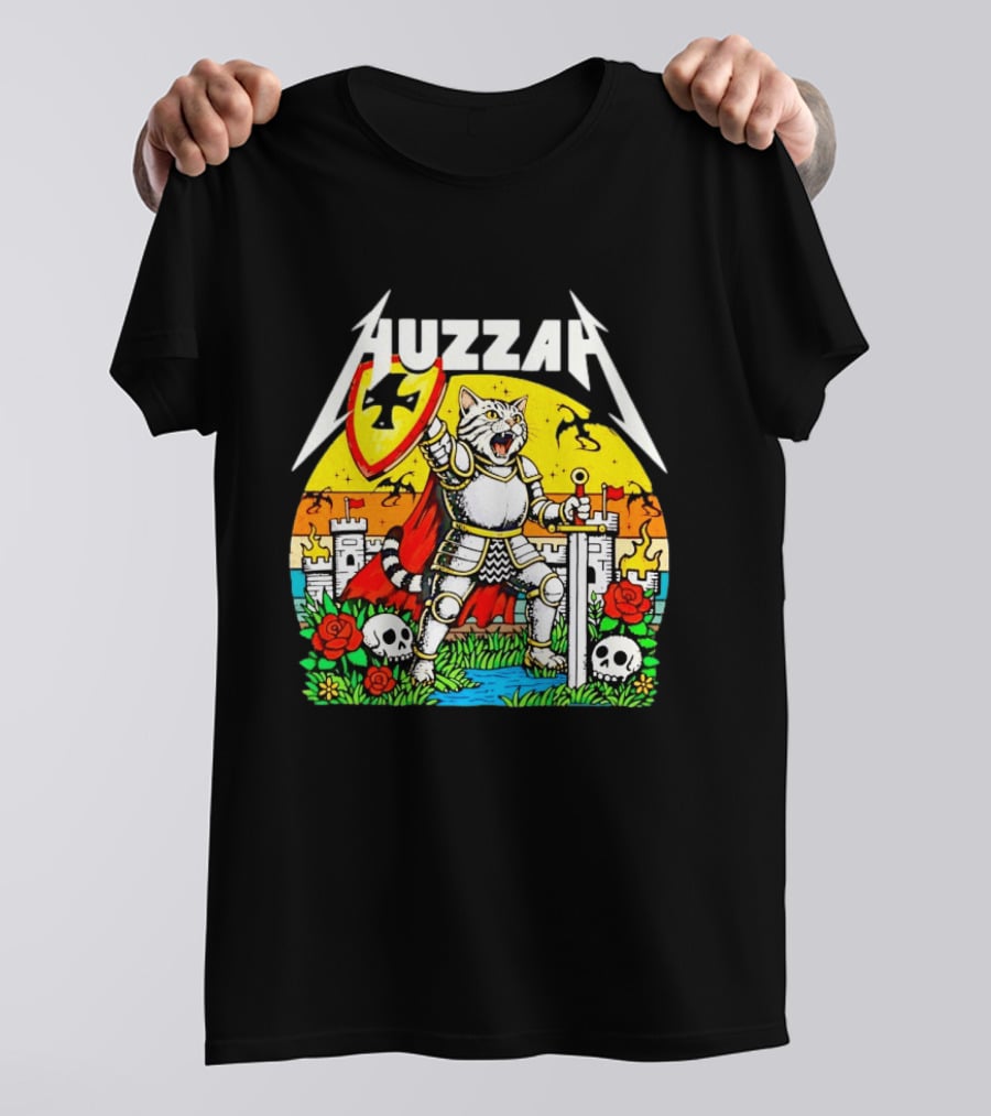 Huzzah Cat Knight Medieval Fantasy With Shield And Sword In Castle Scene T-Shirt