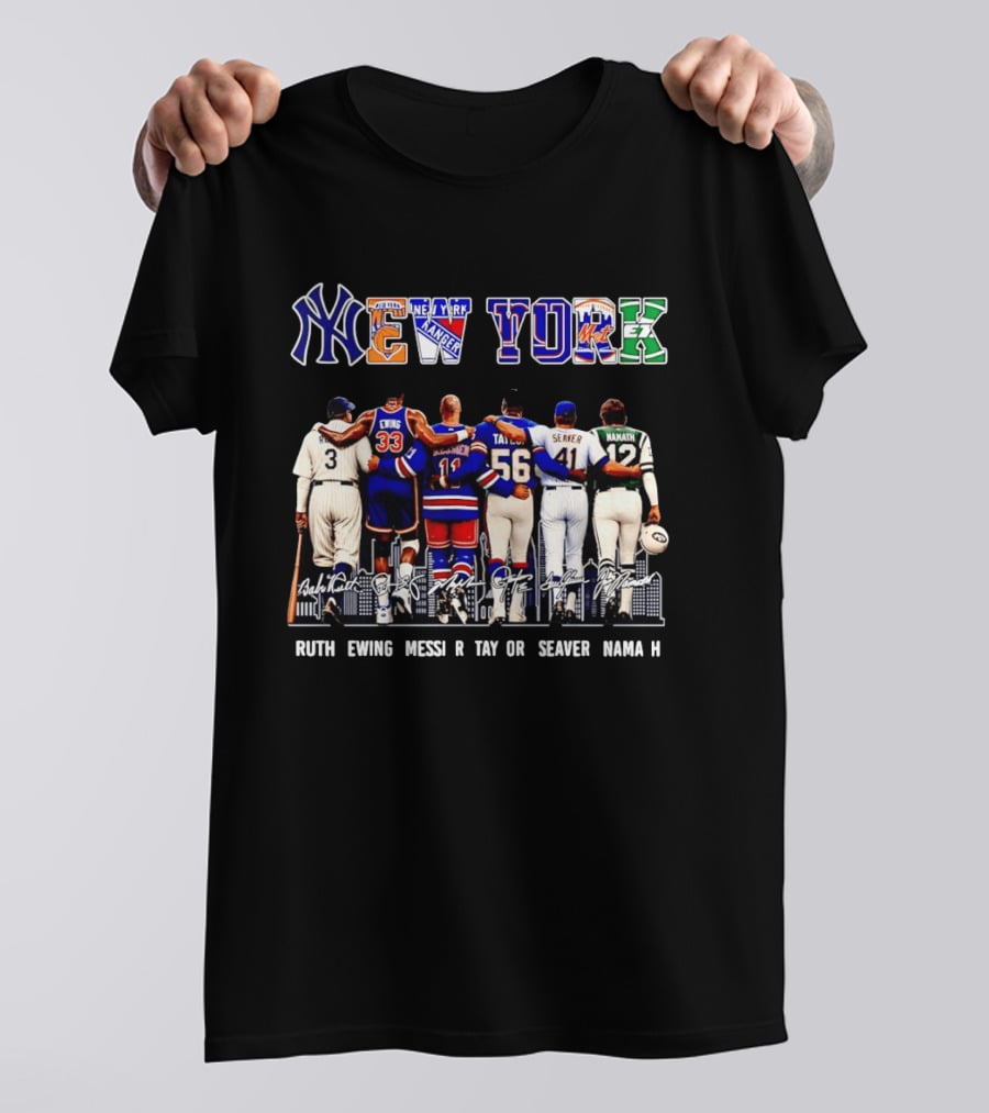 NY Sports Legends New York Yankees Knicks Rangers Mets Giants Jets Ruth Ewing Messier Taylor Seaver Namath T-Shirt