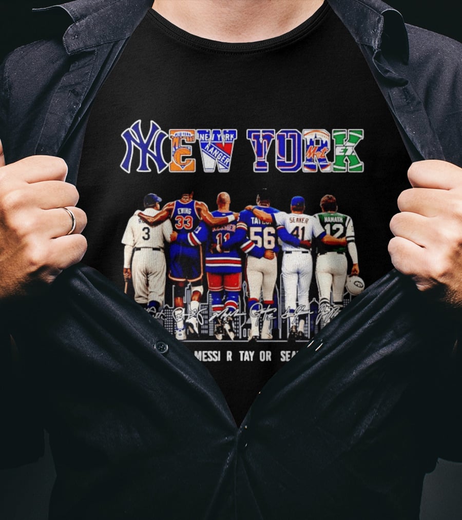 NY Sports Legends New York Yankees Knicks Rangers Mets Giants Jets Ruth Ewing Messier Taylor Seaver Namath T-Shirt