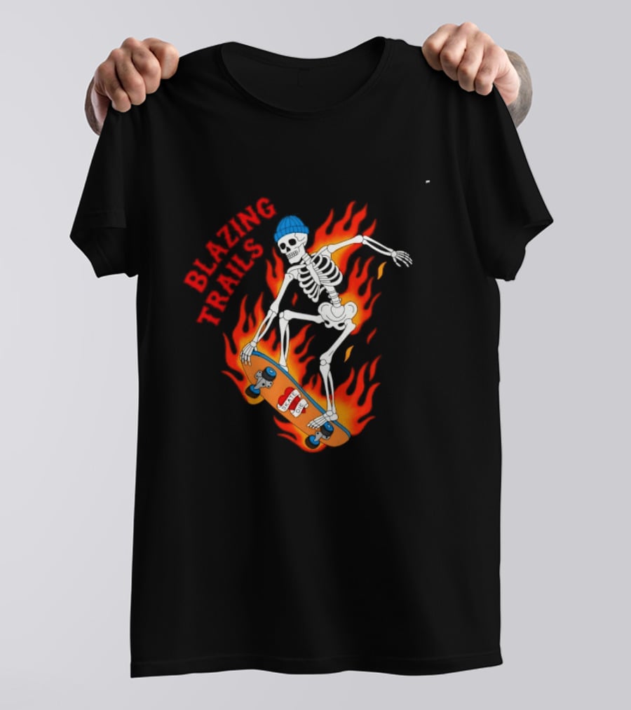 Blazing Trails Skate Or Die Skeleton Flaming Skateboard T-Shirt
