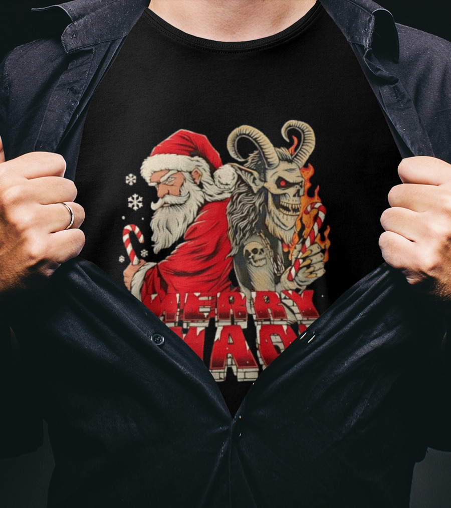 Merry Chaos Santa And Krampus Candy Cane Flames Christmas T-Shirt