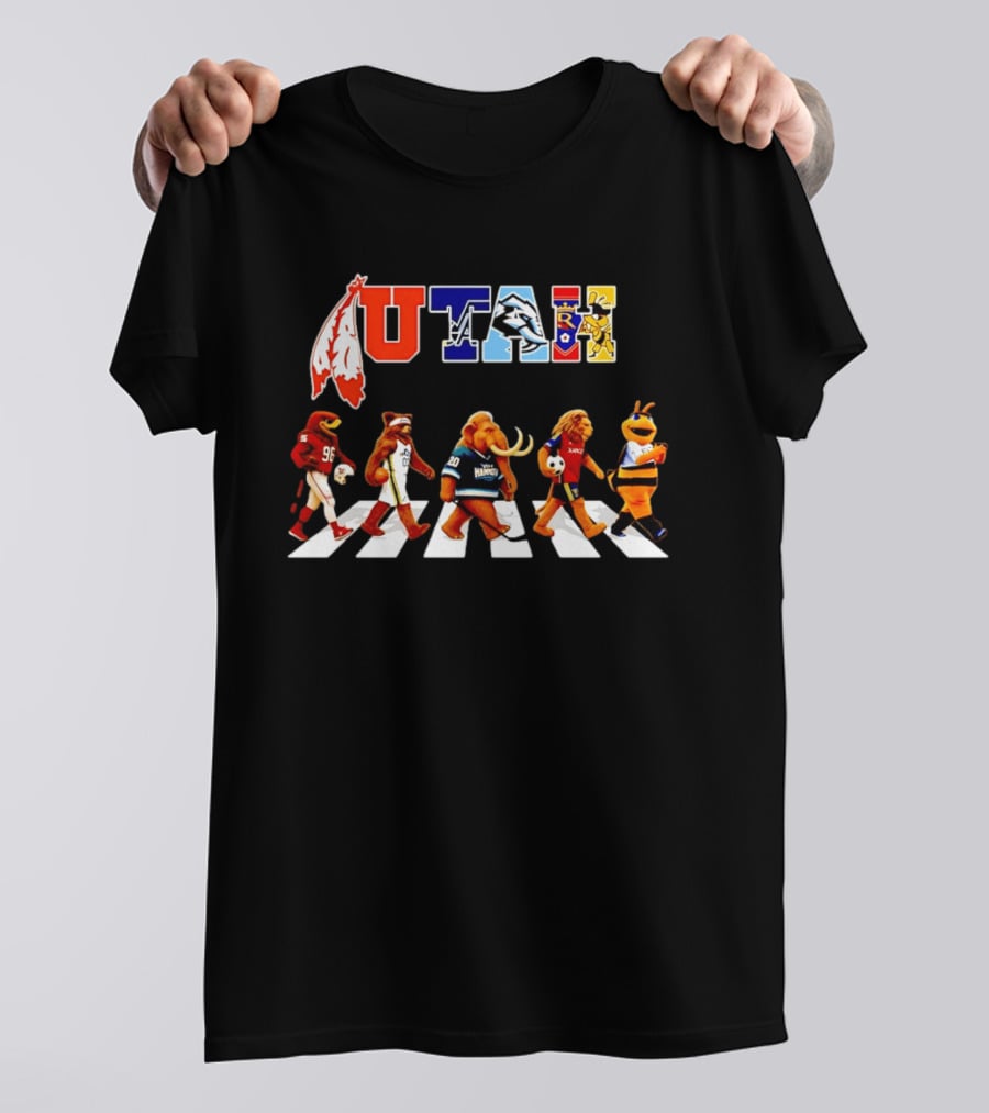 Utah Sports Mascots Walking Across Abbey Road Collage Real Salt Lake Jazz Utes Aggies T-Shirt