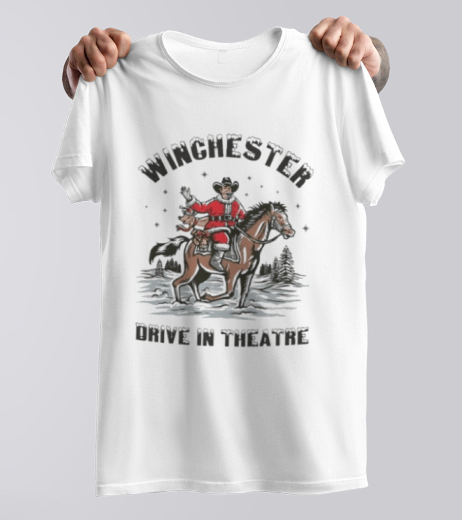 Winchester Drive In Theatre Santa Claus Riding Horse Christmas Cowboy T-Shirt