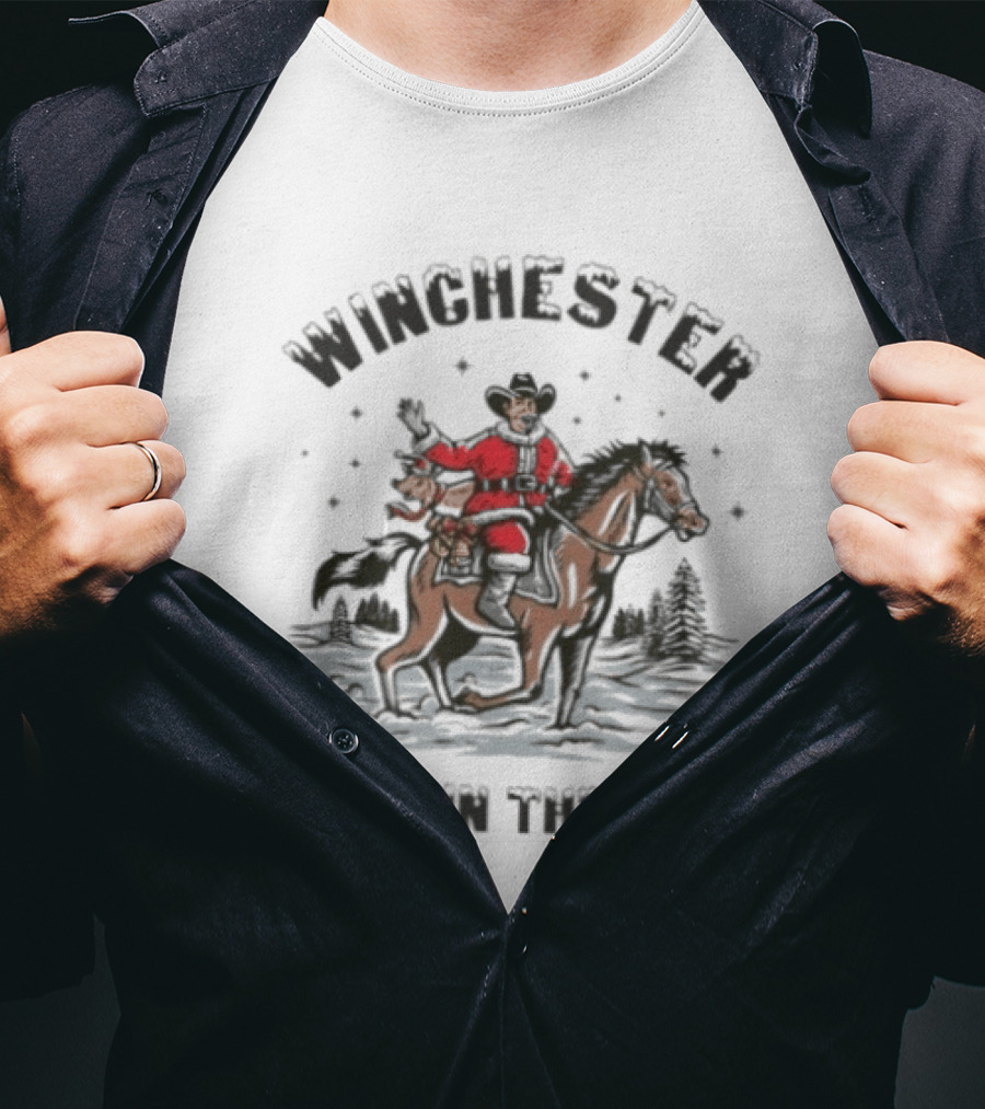 Winchester Drive In Theatre Santa Claus Riding Horse Christmas Cowboy T-Shirt