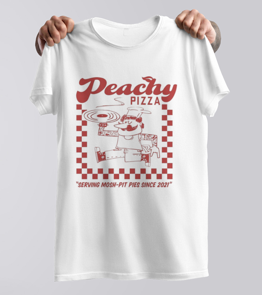 Peachy Pizza Serving Mosh Pit Pies Since 2021 Checkerboard Comic T-Shirt