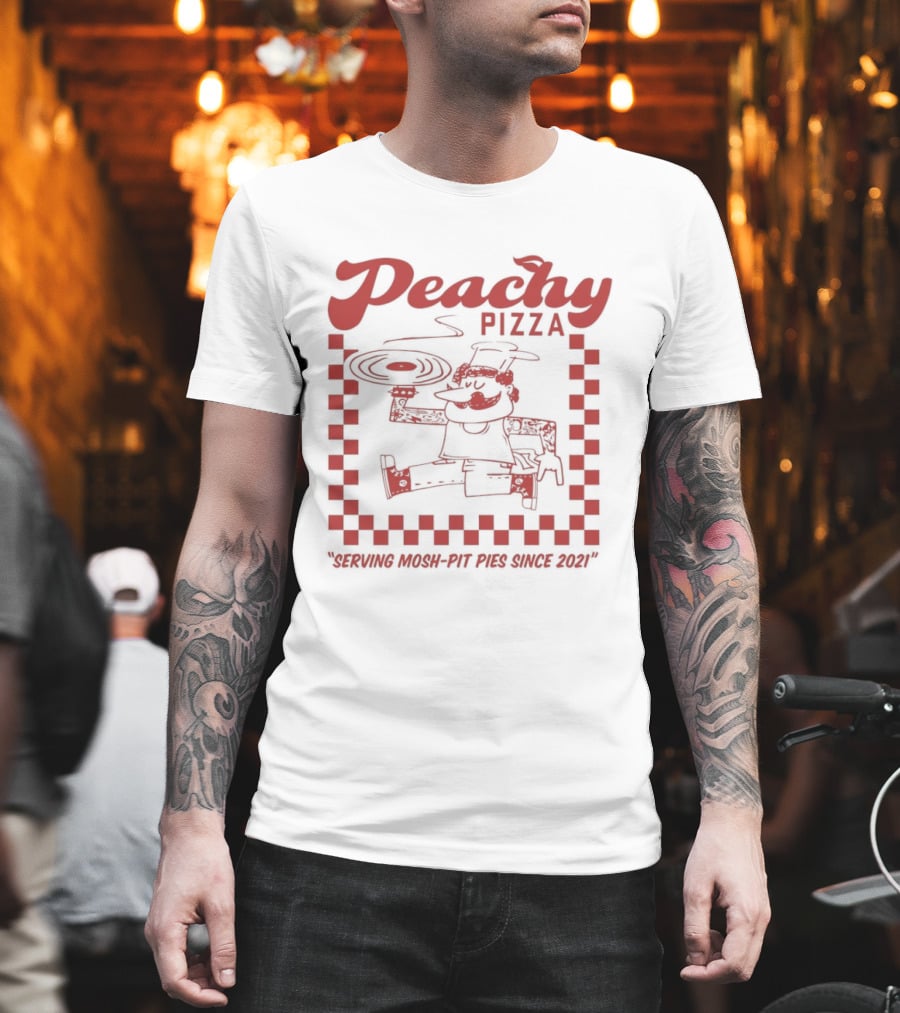 Peachy Pizza Serving Mosh Pit Pies Since 2021 Checkerboard Comic T-Shirt