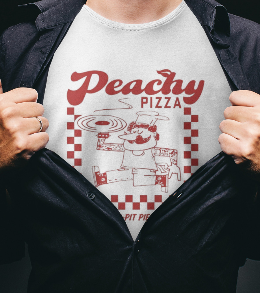 Peachy Pizza Serving Mosh Pit Pies Since 2021 Checkerboard Comic T-Shirt