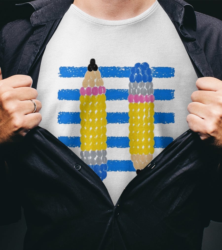 Beaded Pencils And Blue Stripes T-Shirt