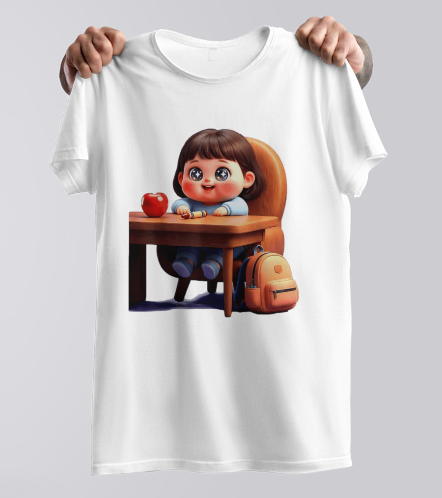 Cartoon Girl With Apple Backpack At Desk T-Shirt