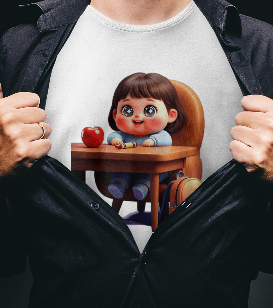 Cartoon Girl With Apple Backpack At Desk T-Shirt