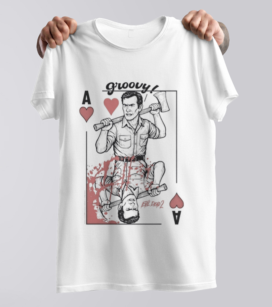Groovy Ash Evil Dead 2 Ace Of Hearts Chainsaw Playing Card T-Shirt