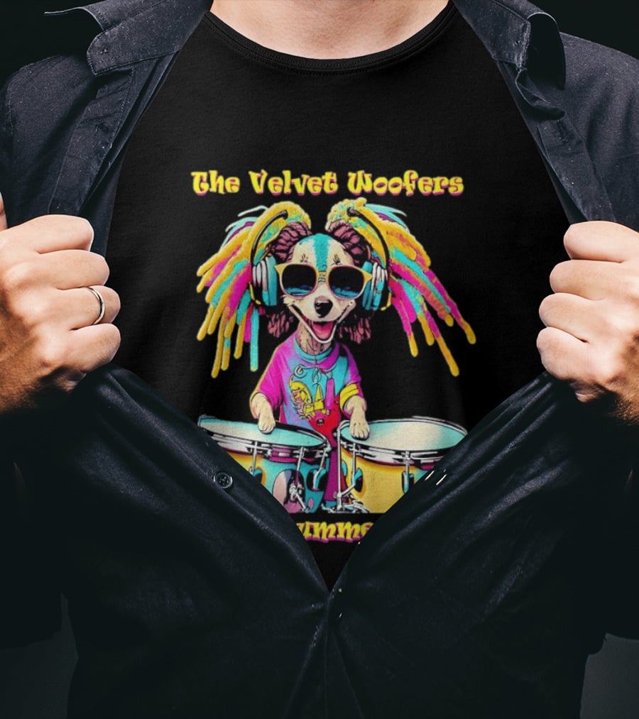 The Velvet Woofers Drummer Dog Colorful Cool Canine With Headphones And Drums T-Shirt