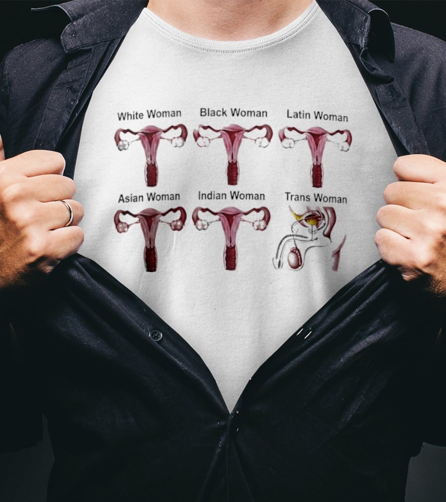 White Black Latin Asian Indian Trans Woman Anatomy Comparison T-Shirt