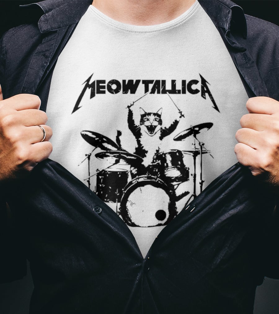 Meowtallica Cat Drummer Playing Drums Retro Metalhead T-Shirt
