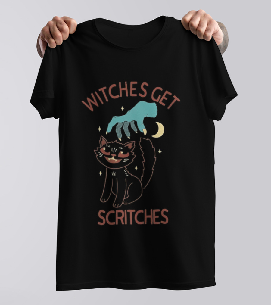 Witches Get Scritches Black Cat Halloween Moon And Hand T-Shirt