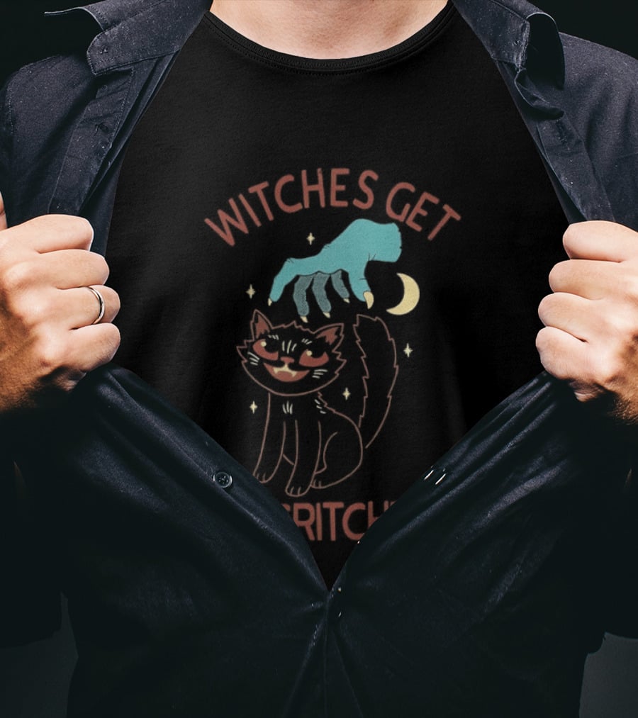 Witches Get Scritches Black Cat Halloween Moon And Hand T-Shirt