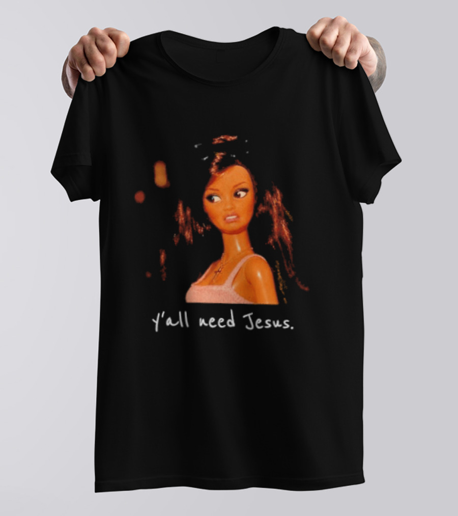 Y'all Need Jesus Doll Funny Meme Brown Hair Orange Dress T-Shirt