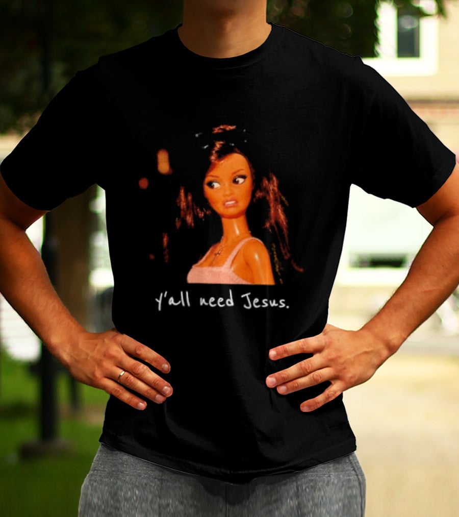 Y'all Need Jesus Doll Funny Meme Brown Hair Orange Dress T-Shirt