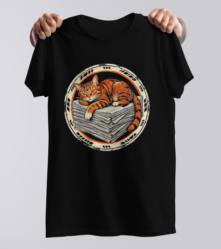 Orange Cat Relaxing On Stack Of Newspapers In Circle T-Shirt