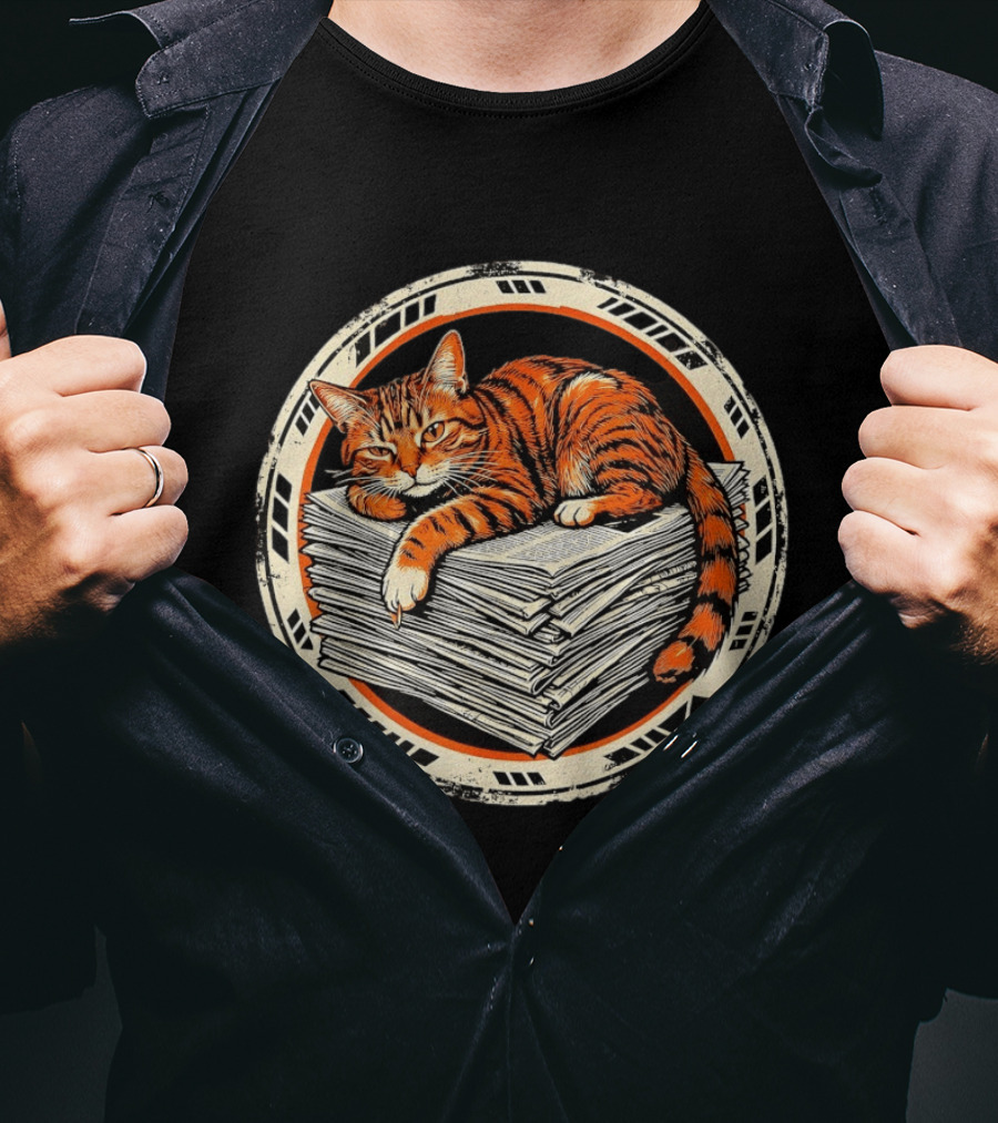 Orange Cat Relaxing On Stack Of Newspapers In Circle T-Shirt