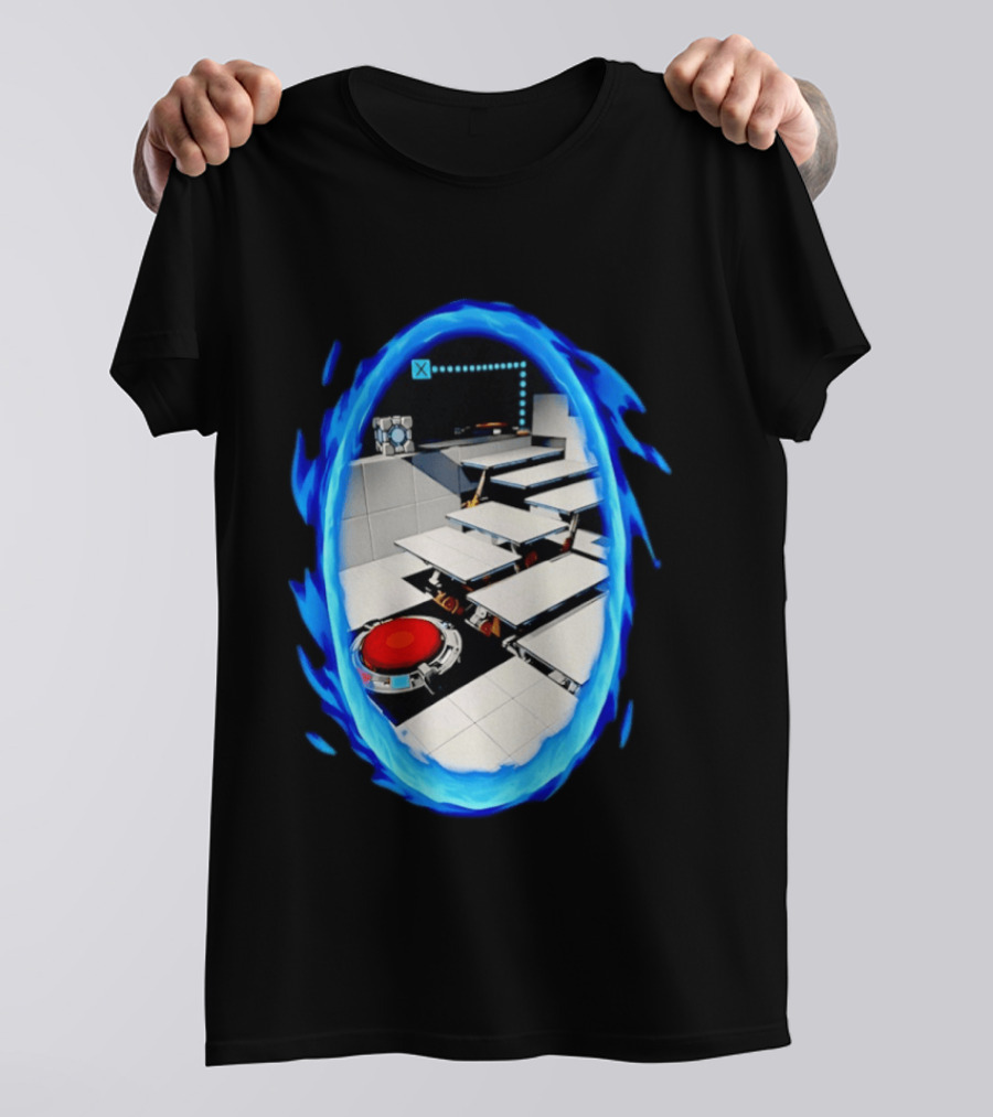 Portal Weighted Companion Cube Aperture Science Test Chamber Blue Portal Steps T-Shirt