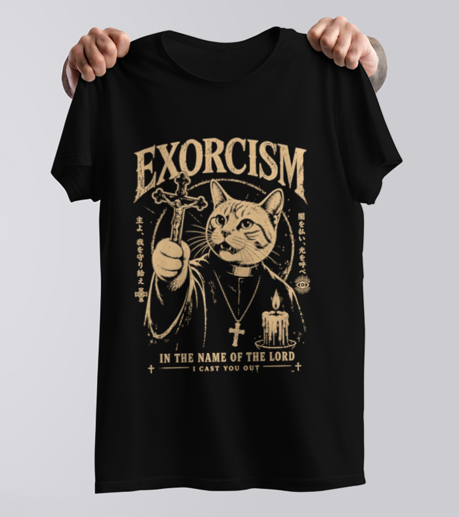 Exorcism Cat In The Name Of The Lord I Cast You Out Cross Candle T-Shirt