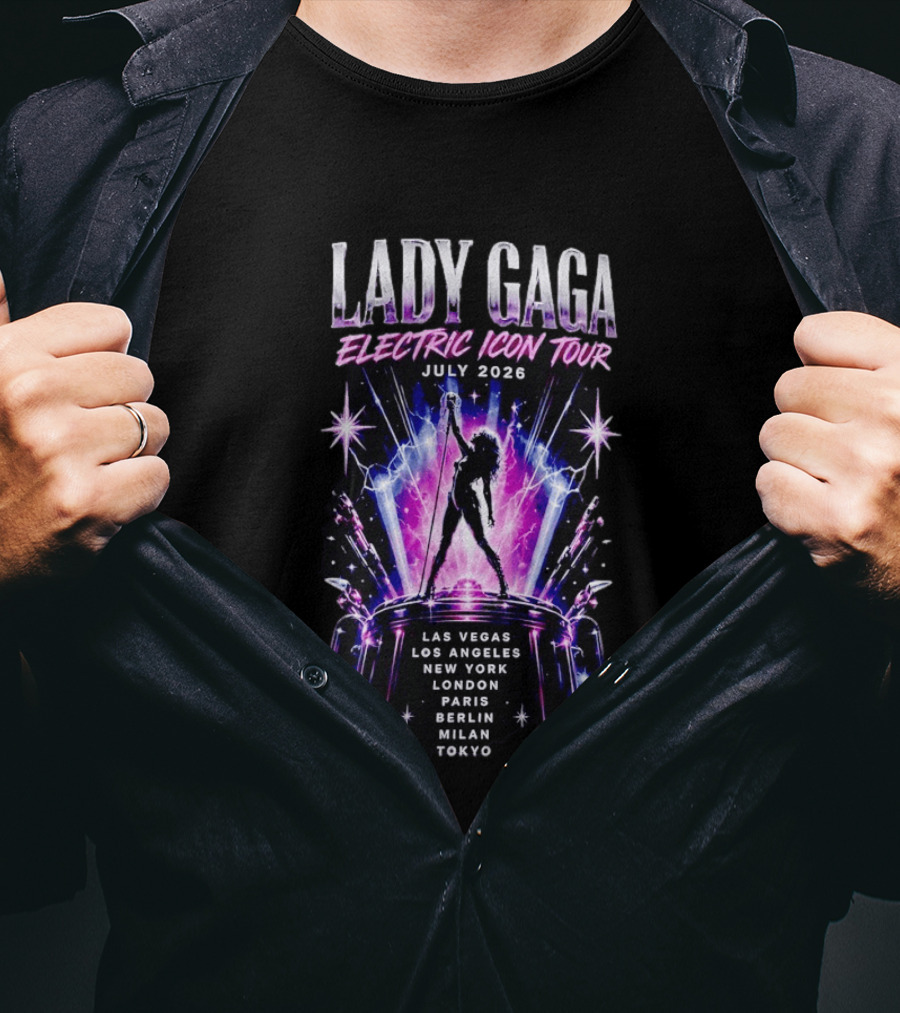 Lady Gaga Electric Icon Tour July 2026 Las Vegas Los Angeles New York London Paris Berlin Milan Tokyo T-Shirt