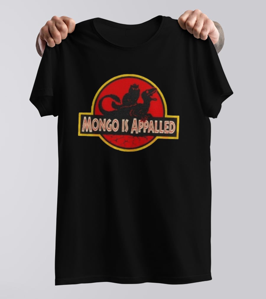Mongo Is Appalled Cat Riding Raptor Dinosaur Circle T-Shirt