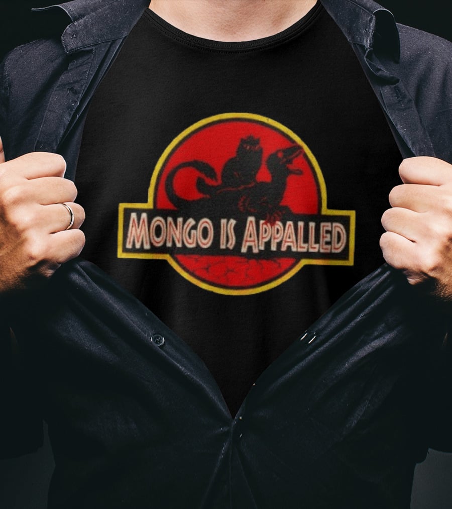 Mongo Is Appalled Cat Riding Raptor Dinosaur Circle T-Shirt