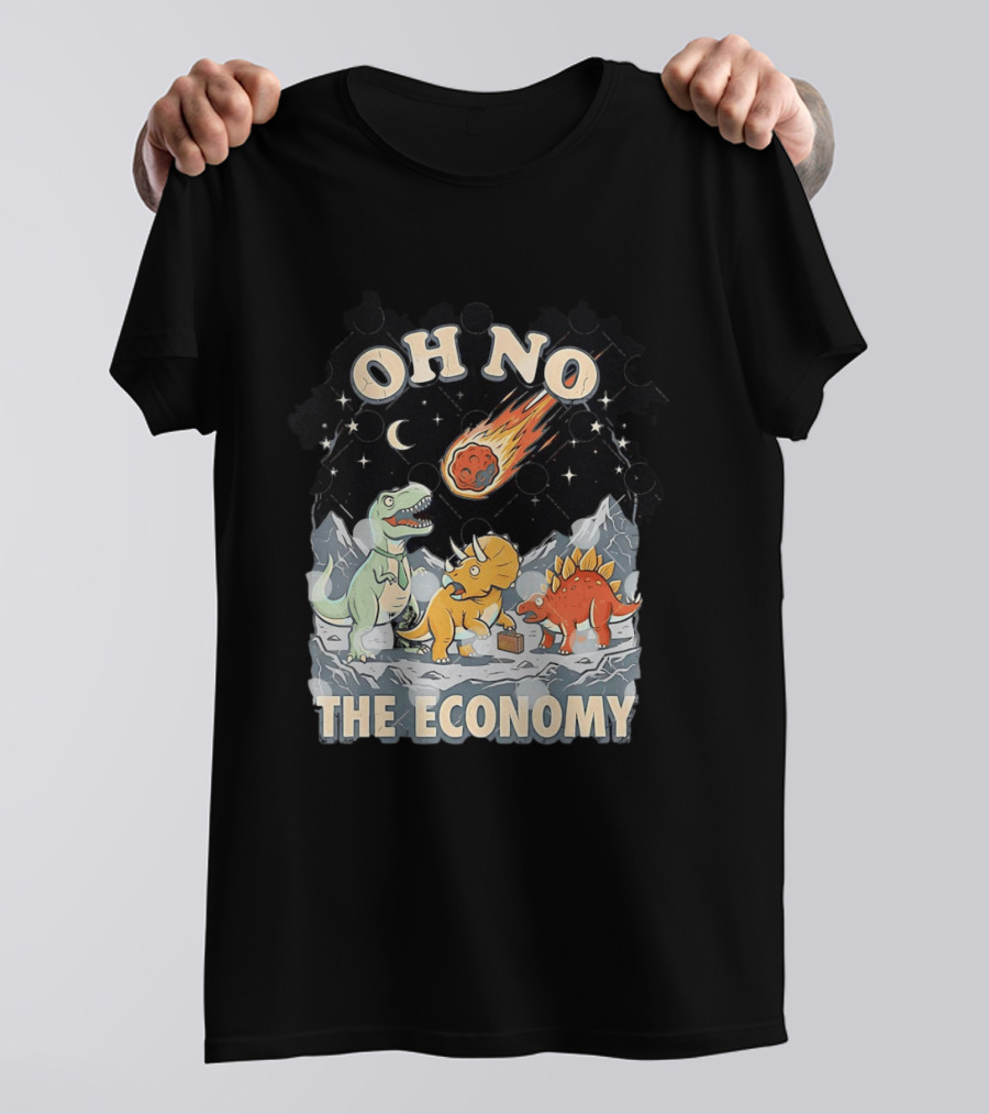 Oh No The Economy Dinosaurs Meteor Cartoon Funny Design Dinosaur Comic T-Shirt