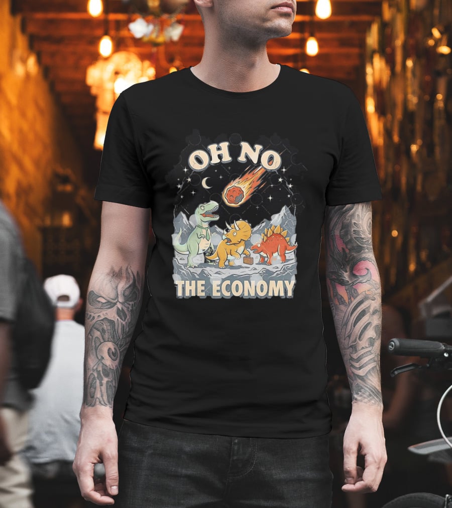Oh No The Economy Dinosaurs Meteor Cartoon Funny Design Dinosaur Comic T-Shirt