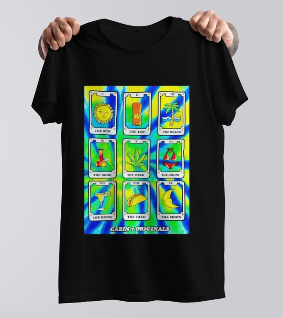 Cabin 7 Originals Tarot Cards Sun Tan Beach Bong Weed Bikini Drink Taco Moon T-Shirt