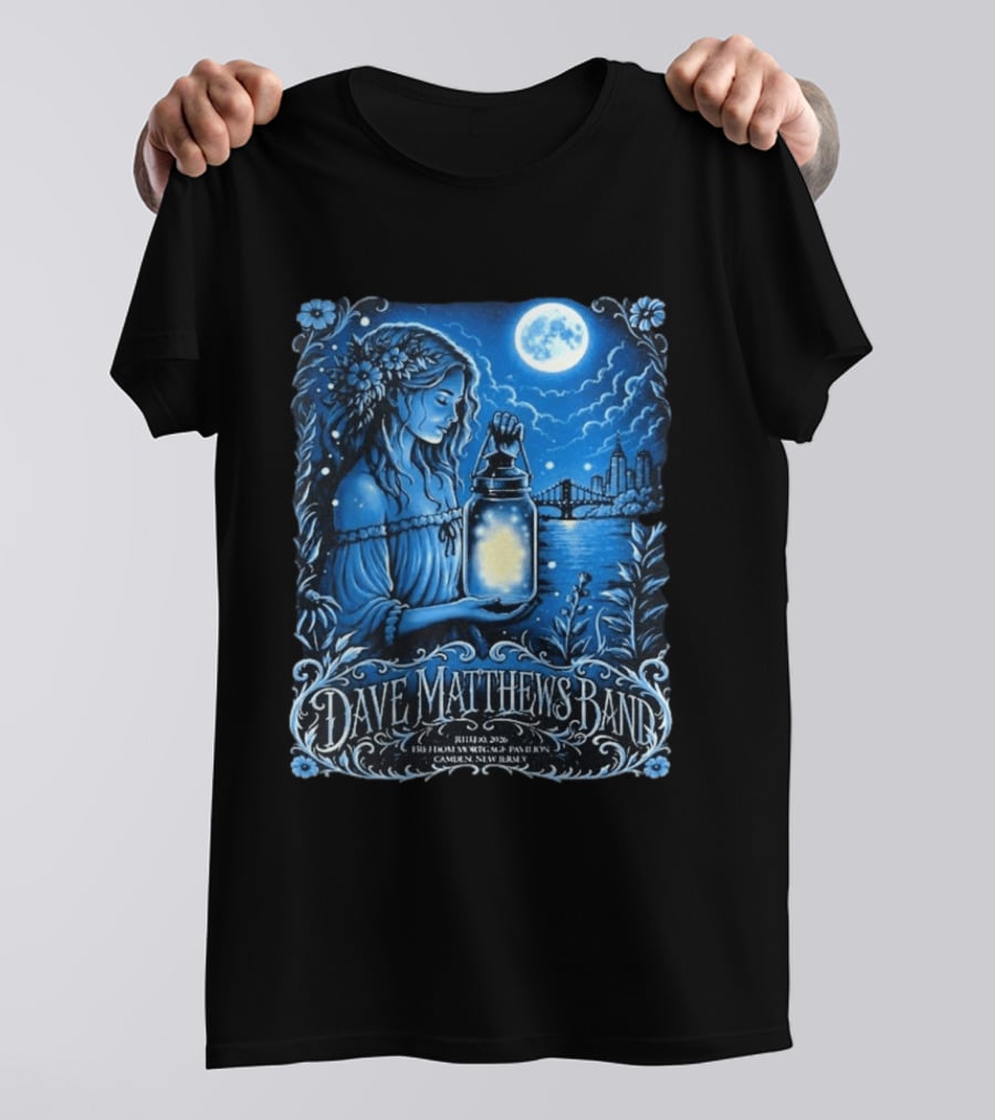 Dave Matthews Band July 10 2026 Freedom Mortgage Pavilion Camden New Jersey Moonlit Lantern And City Skyline T-Shirt