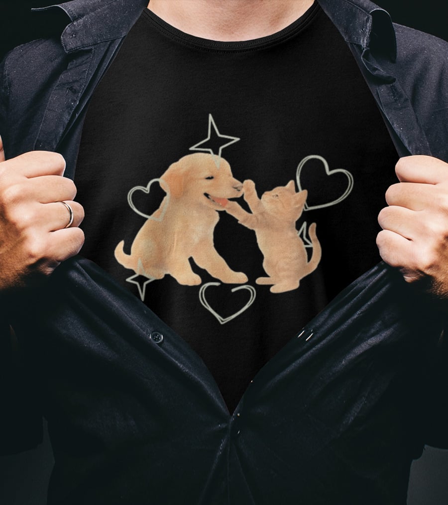 Golden Retriever Puppy And Tabby Kitten Playing With Stars And Hearts T-Shirt