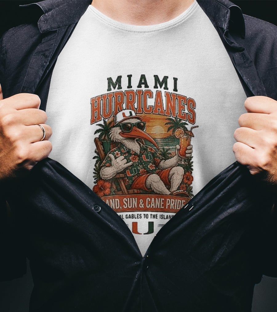 Miami Hurricanes Sand Sun Cane Pride Coral Gables To The Islands T-Shirt