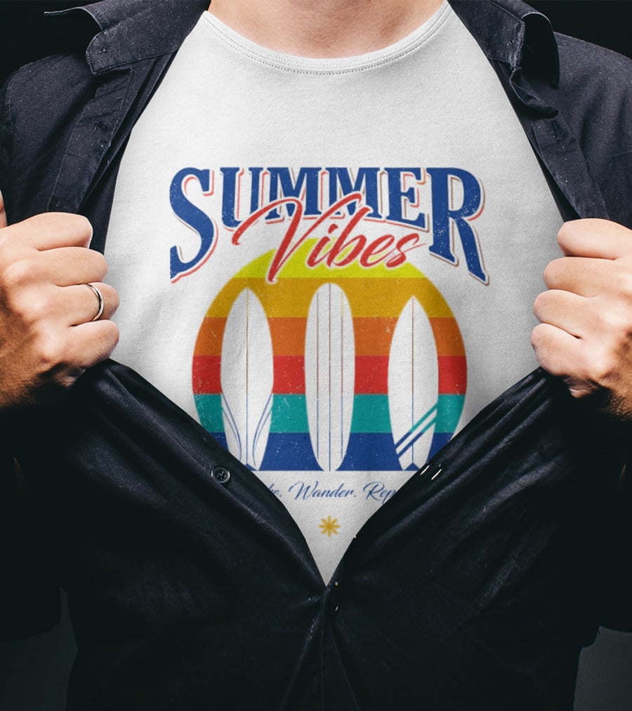 Summer Vibes Wake Wander Repeat Retro Surfboard Sunset T-Shirt