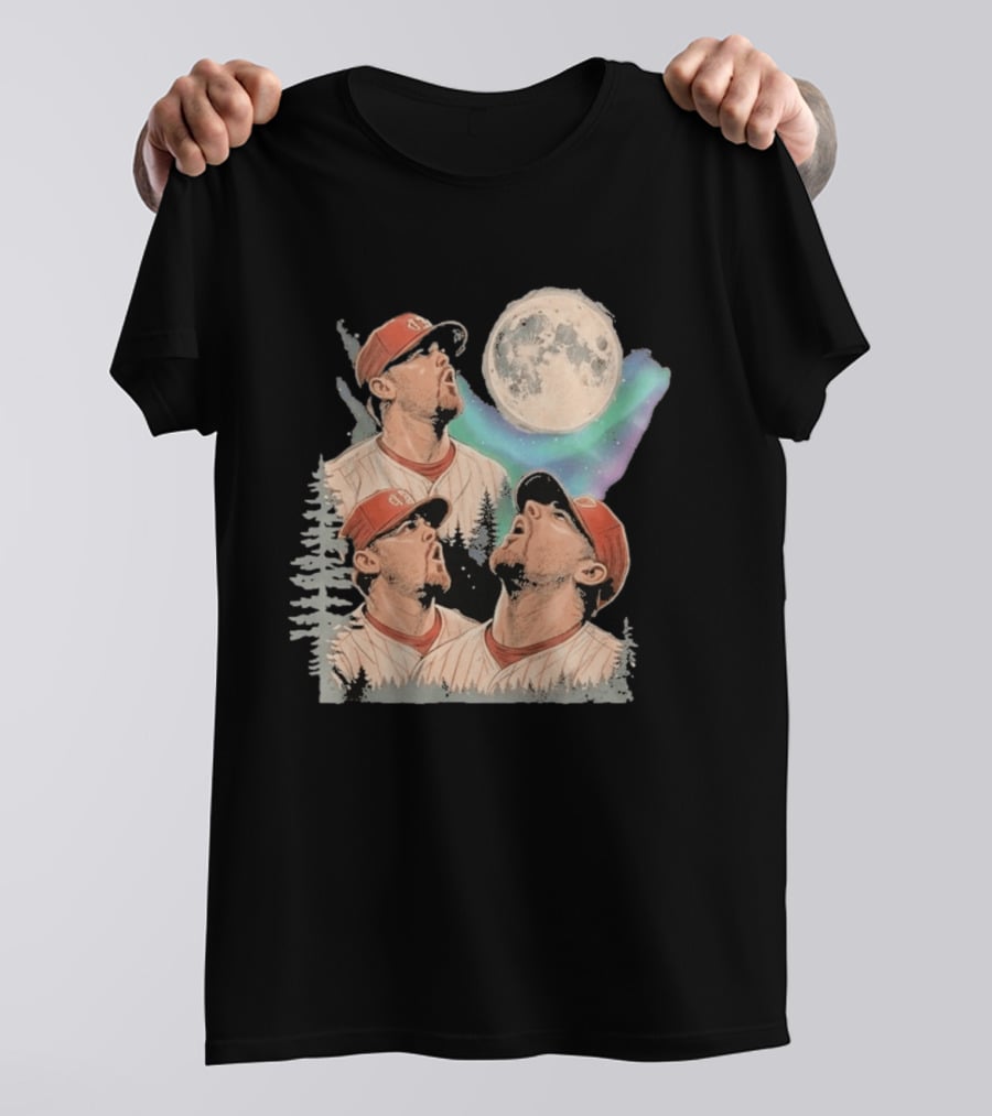 Three Howling Phillies 2026 Randy Wolf Meme Vintage Baseball Art Baseball Moon Forest T-Shirt