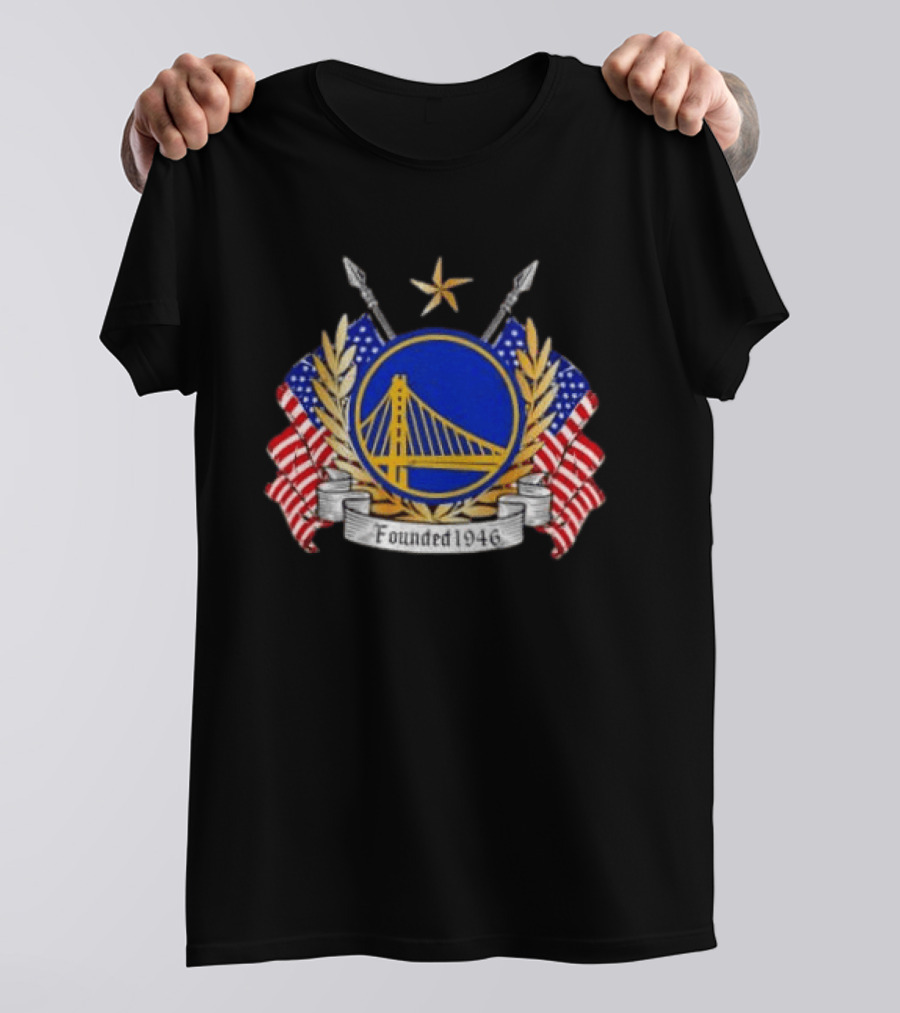 Golden State Warriors 1946 Emblem American Flags Distressed T-Shirt