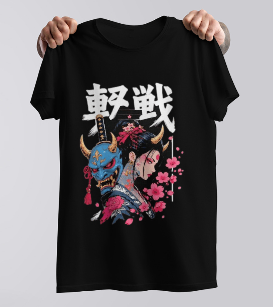 Japanese Oni Mask And Geisha With Cherry Blossoms Kanji T-Shirt