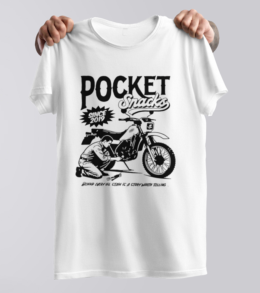 Pocket Snacks Since 2019 Motorcycle Mechanic Oil Stain T-Shirt