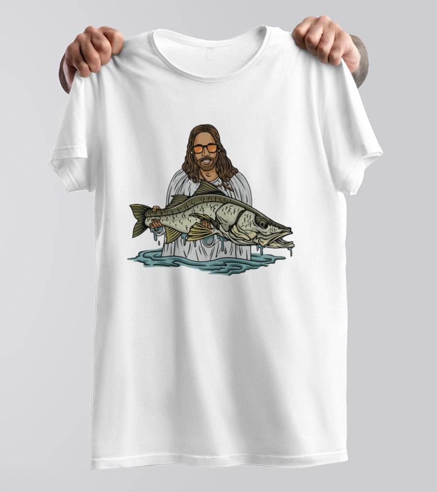 Jesus Holding Fish Like Jesus Fishing With Sunglasses T-Shirt
