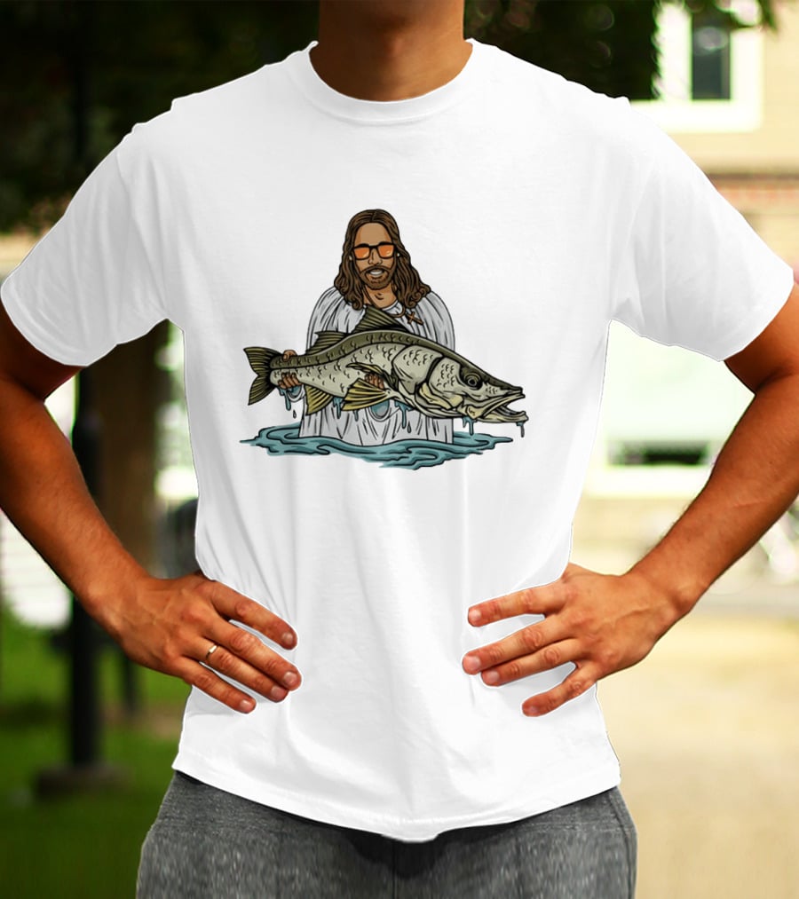 Jesus Holding Fish Like Jesus Fishing With Sunglasses T-Shirt