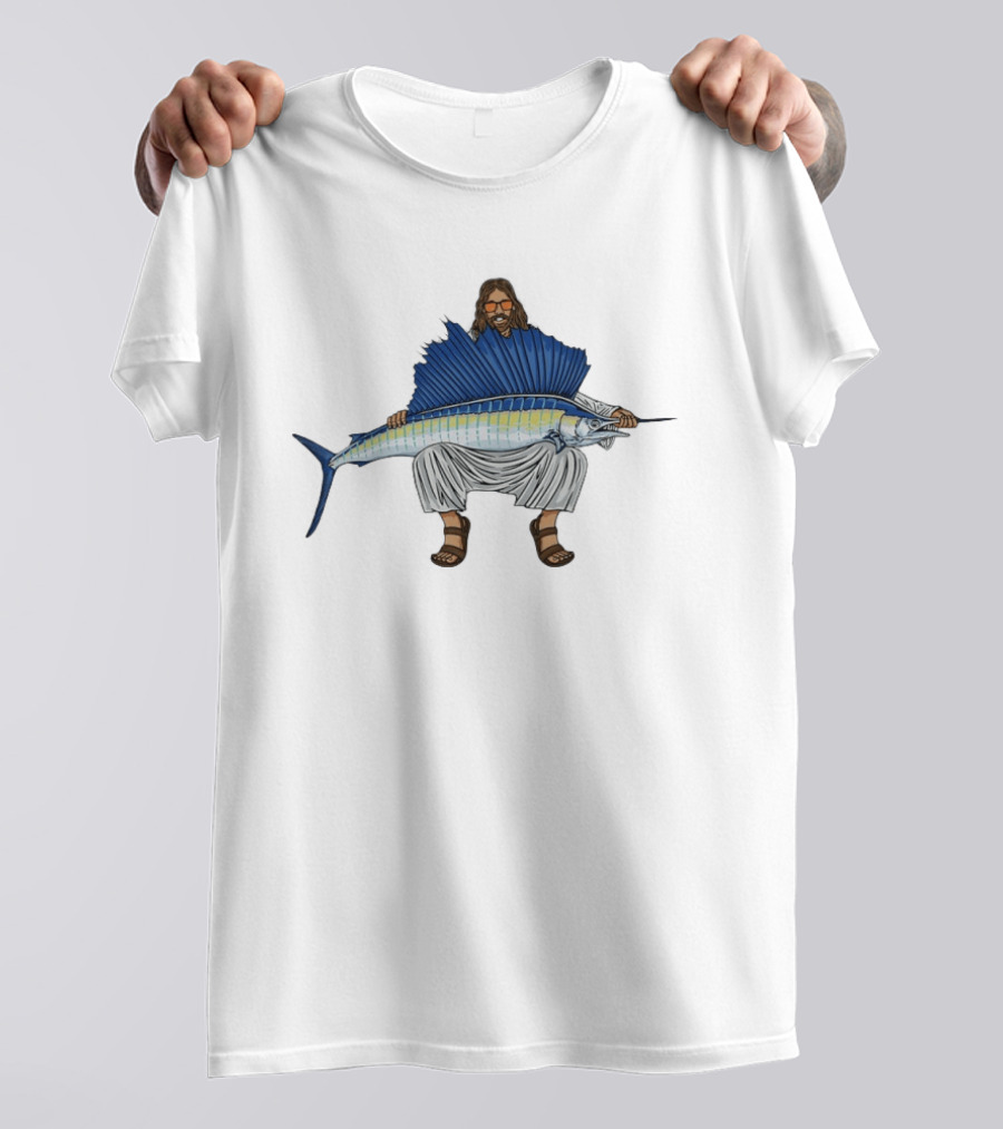 Jesus Holding Sailfish Fish Like Iconic Religious Savior T-Shirt